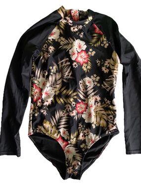 Hurley Girls Long Sleeve Rash Guard ONE PIECE Swimsuit black floral size 12  Gre
